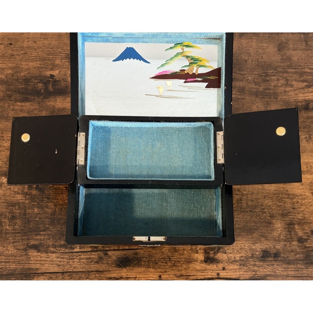 Japanese Black Lacquer Abalone Inlay Mt. Fuji Scenic Music Jewelry Box Vintage - Picture 5 of 12